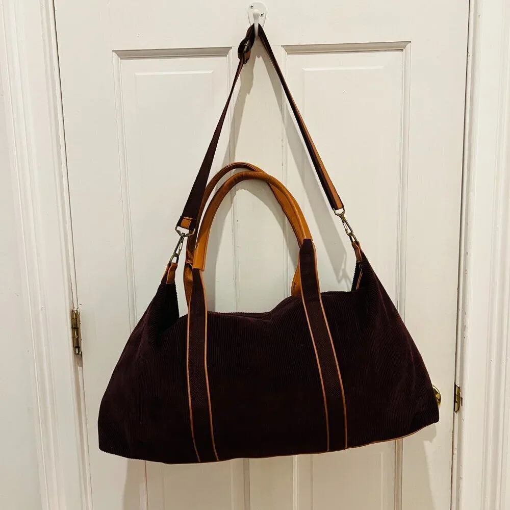 Vintage 80's 90's Corduroy and Leather Large Duffle Bag